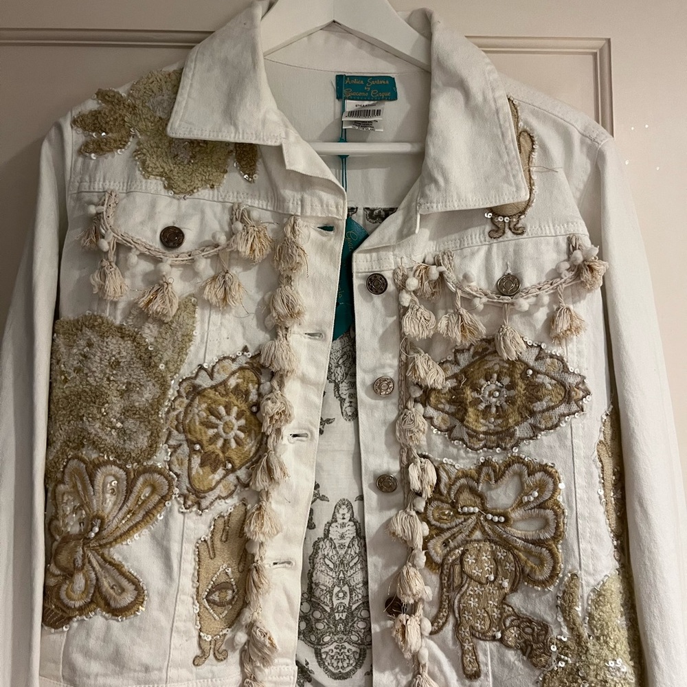 Embroidered White Jean Jacket with Gold Accents from Italy!